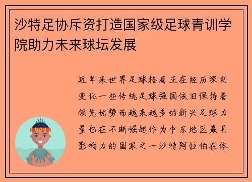沙特足协斥资打造国家级足球青训学院助力未来球坛发展